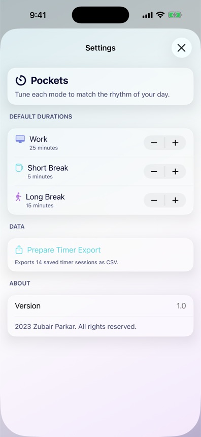 Settings panel for timer durations