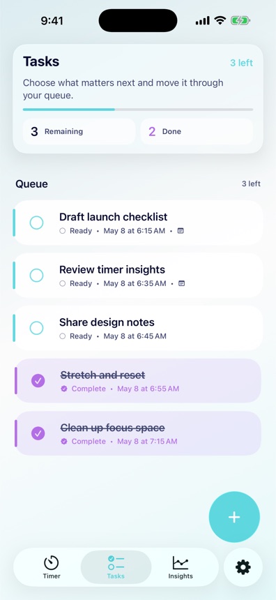 Tasks tab with queue and completed items